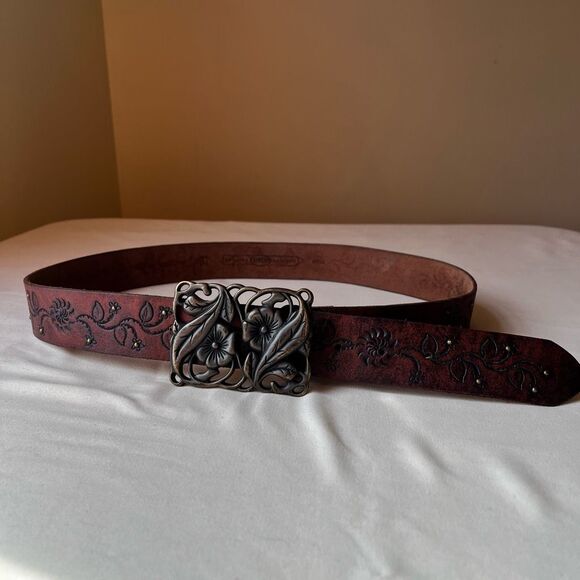 Vintage Y2K Fossil Tooled Floral Leather Belt Silver Buckle Boho Studded Brown L - Picture 1 of 10
